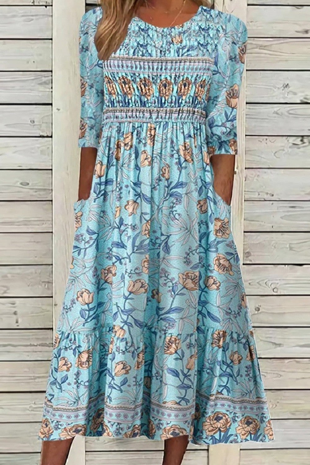 Aphra – Floral Smocked Midi Dress with Pockets