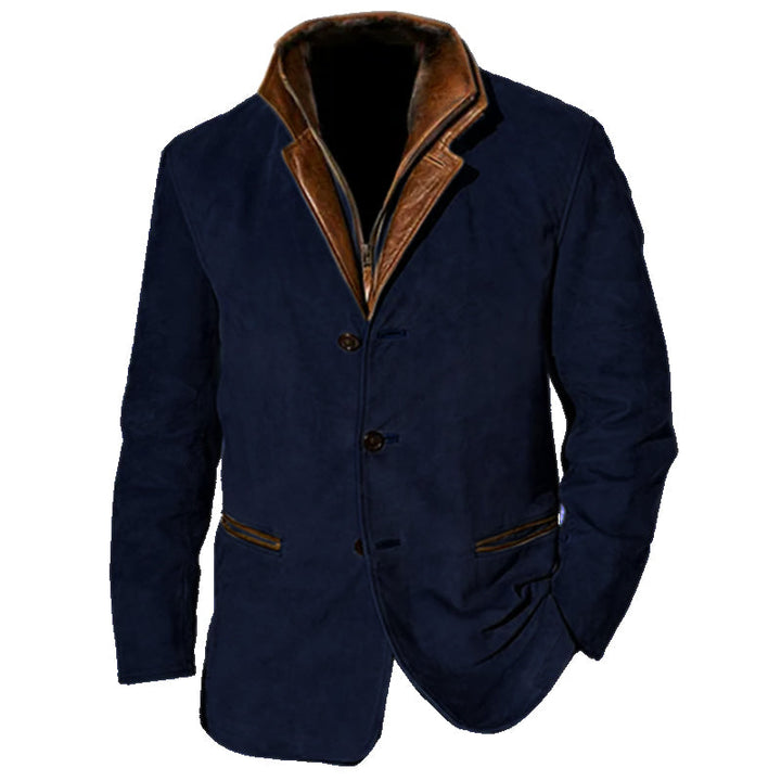 Navy vintage jacket with brown collar, button closure, and front pockets on white background.