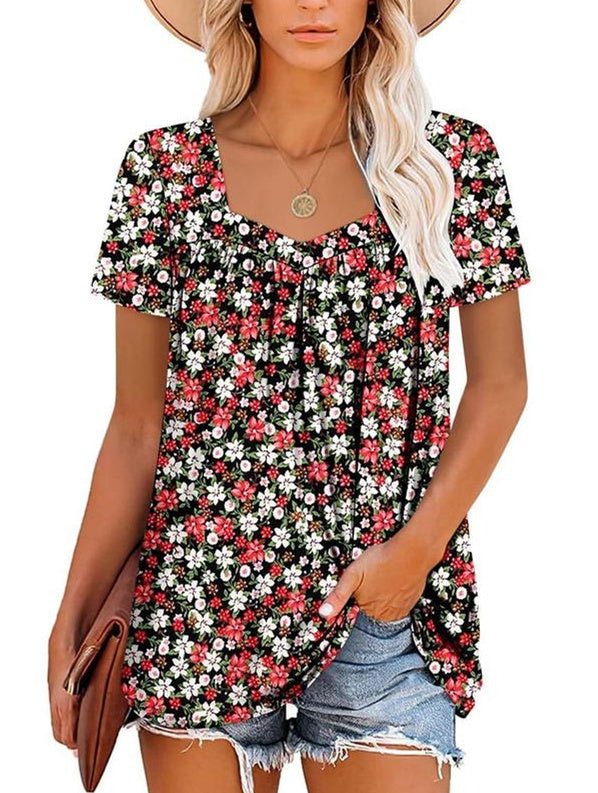 Lory – Pleated Floral Shirt with Curved Hem