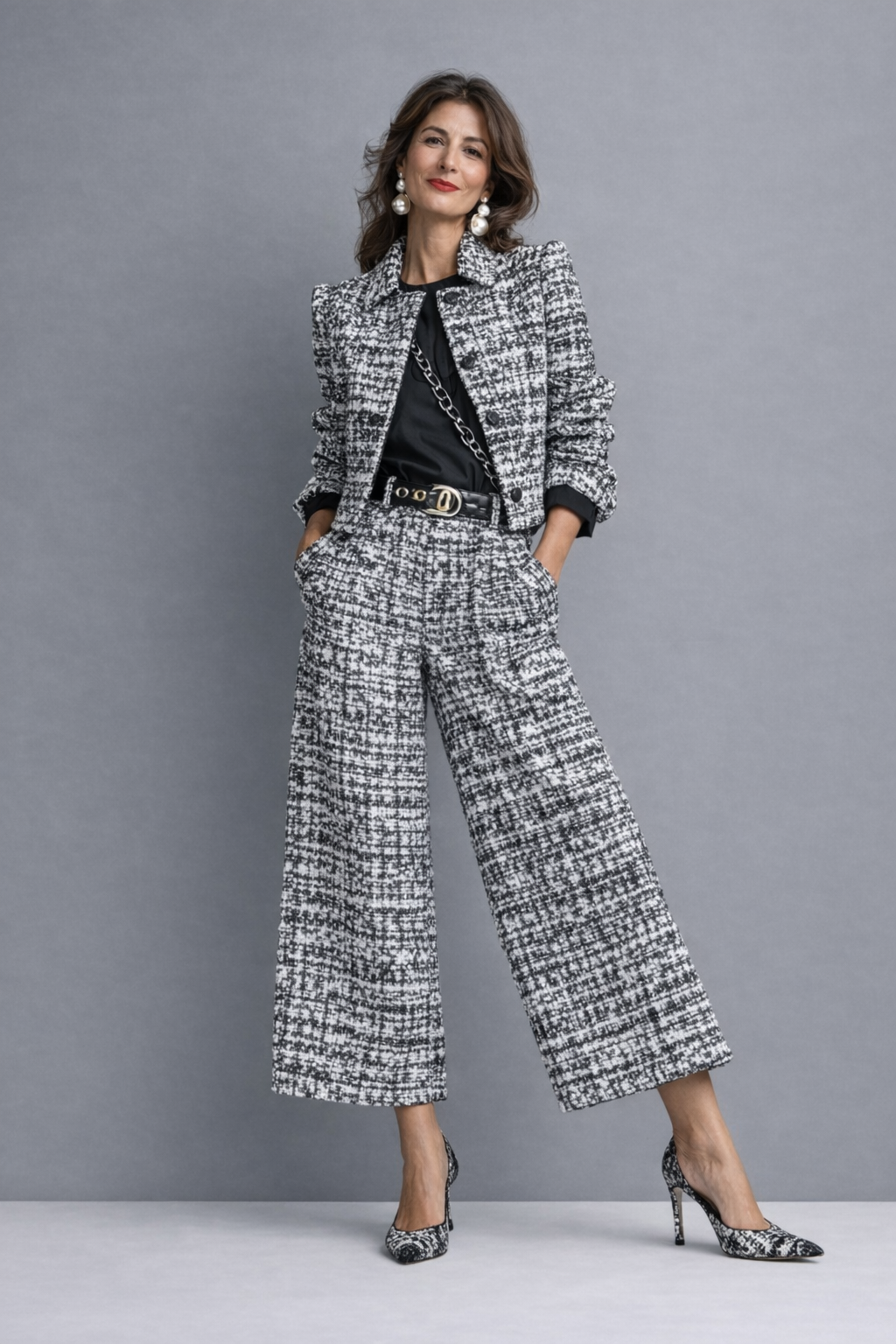 Woman in black and white patterned pantsuit with hands in pockets, standing in a gray studio.