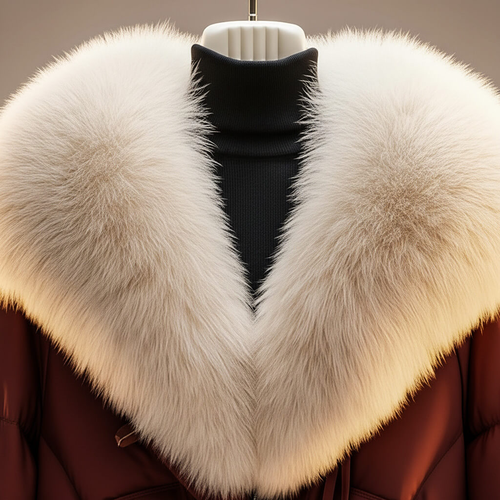 Detailed view of fluffy white collar on elegant brown coat in studio lighting.