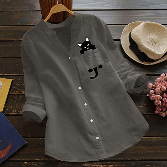 Catrina – Cat Print Blouse with V-Neck