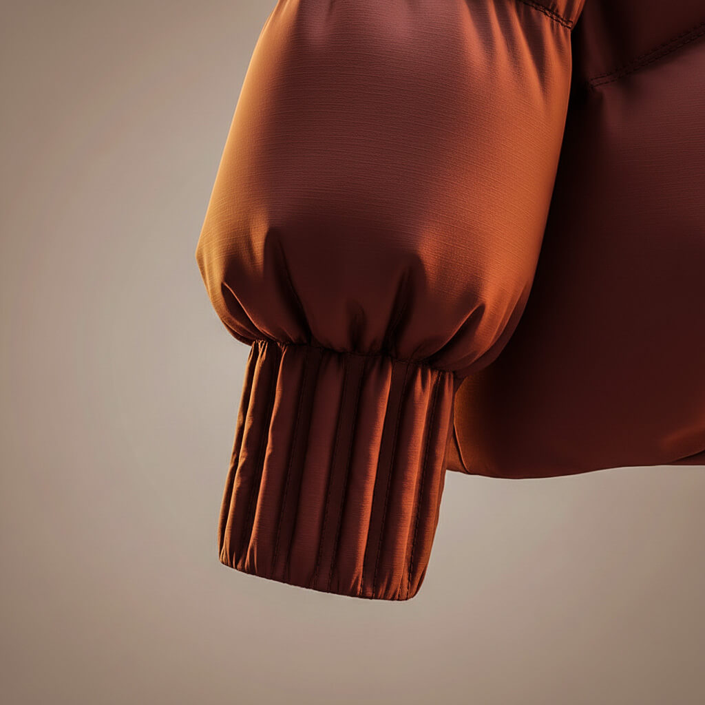 Close-up of puffed brown coat sleeve with ribbed cuff detail in a studio setting.