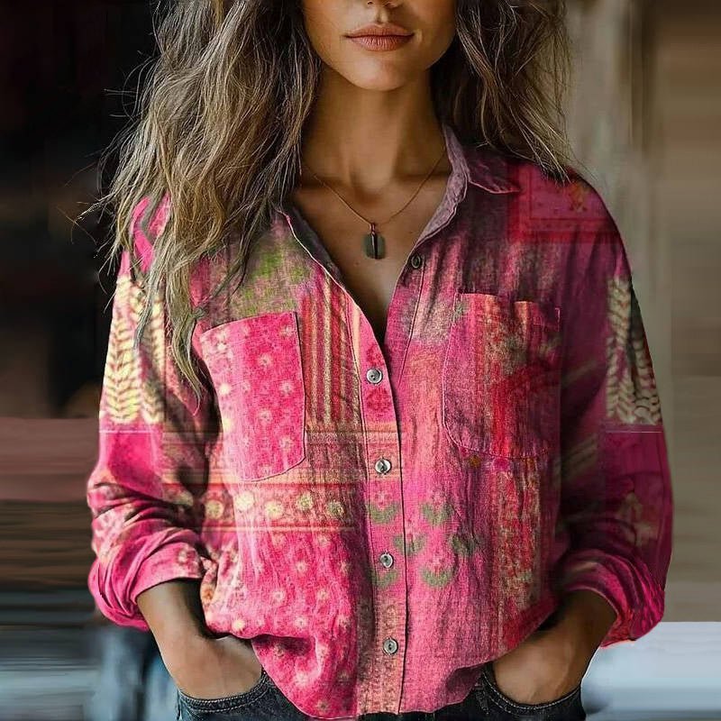 Emma – Vintage Printed Blouse with Lapel Collar
