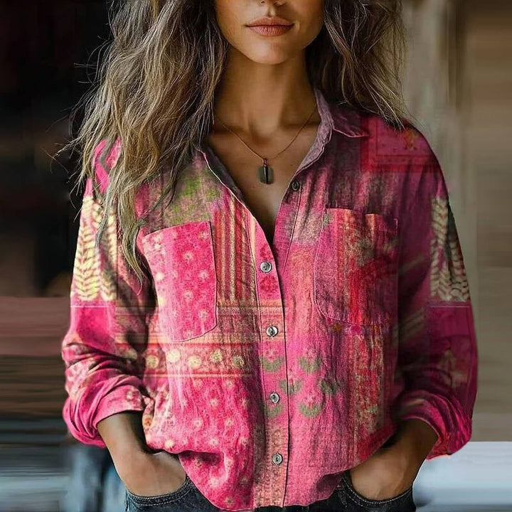 Emma – Vintage Printed Blouse with Lapel Collar