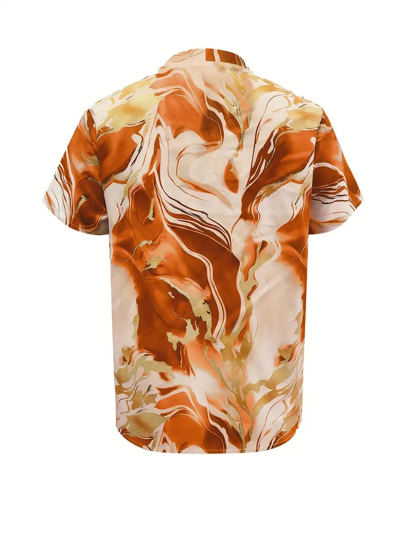 Back view of orange marble print short sleeve shirt on a white studio background.
