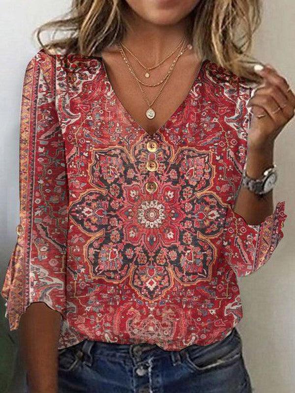 Arabella – Printed V-Neck 3/4 Sleeve Top