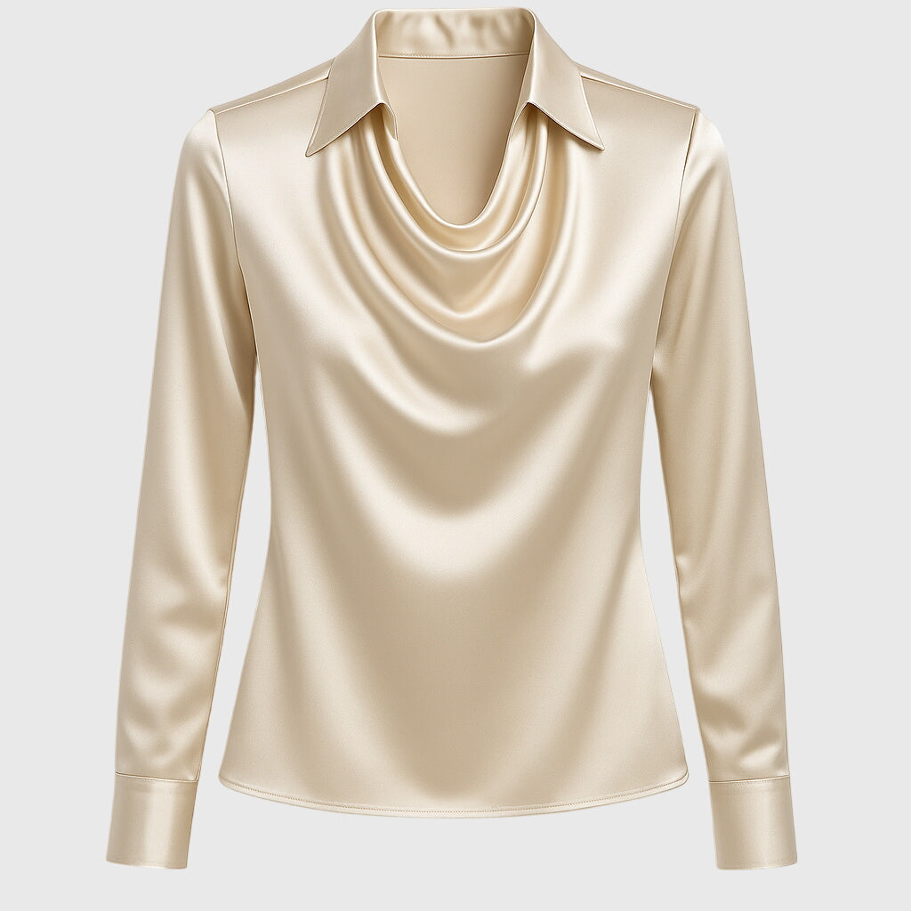 Elegant cream blouse with a draped neckline and long sleeves, displayed flat against a plain background.