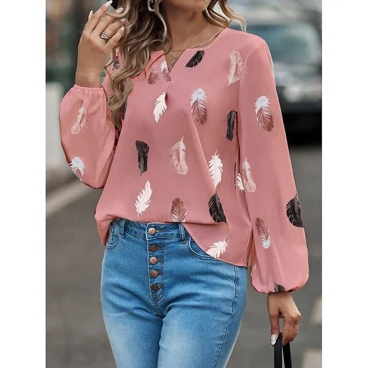 Gracey – Feather Print V-Neck Bell Sleeve Tee