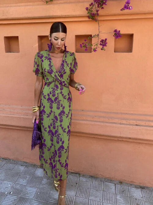 Giselle – Printed Midi Dress with Puff Sleeves