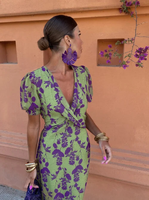 Giselle – Printed Midi Dress with Puff Sleeves