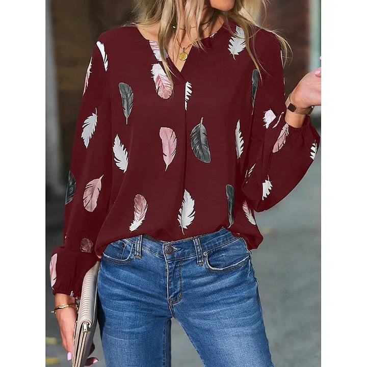 Gracey – Feather Print V-Neck Bell Sleeve Tee