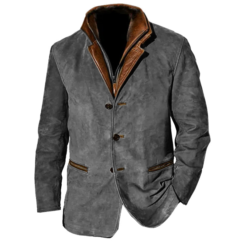 Gray vintage jacket with brown collar, button closure, and front pockets on white background.