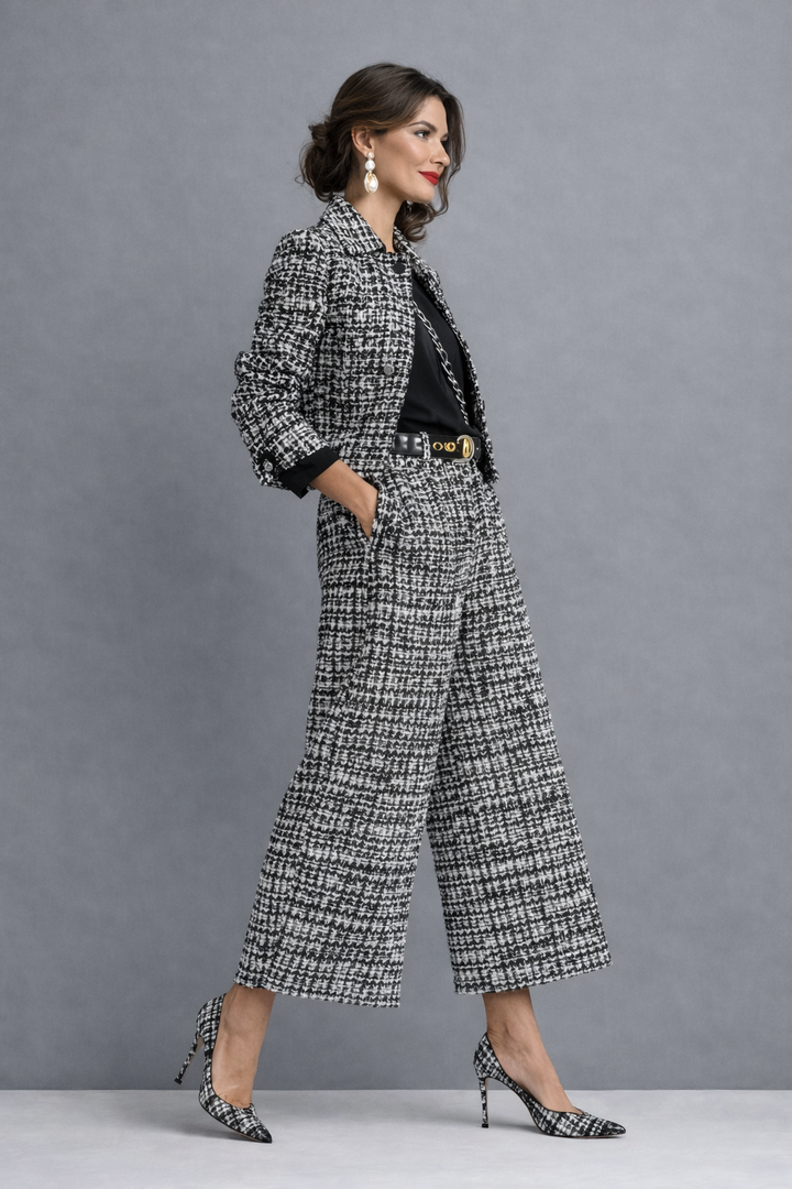 Side view of a woman in a black and white patterned pantsuit, hands in pockets, gray studio background.