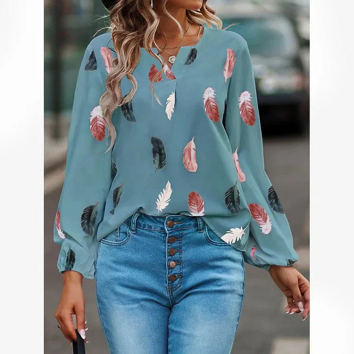 Gracey – Feather Print V-Neck Bell Sleeve Tee