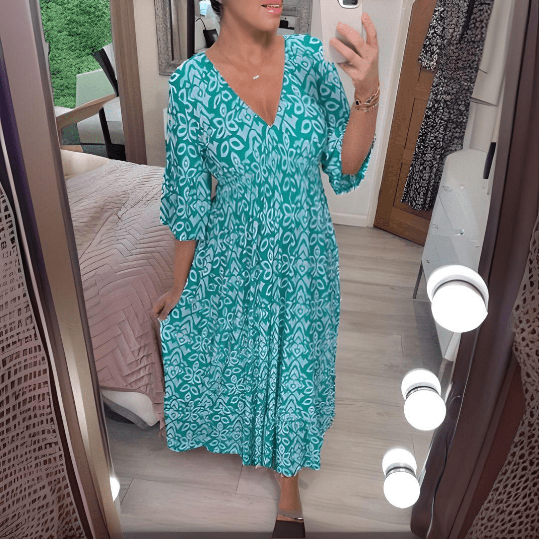Amara – Boho Printed V-Neck Maxi Dress