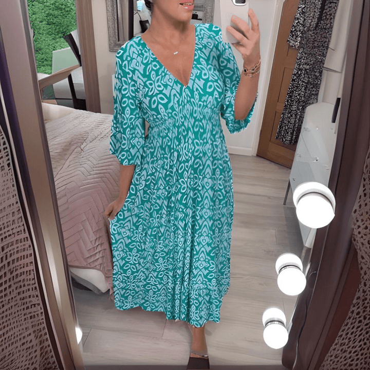 Amara – Boho Printed V-Neck Maxi Dress