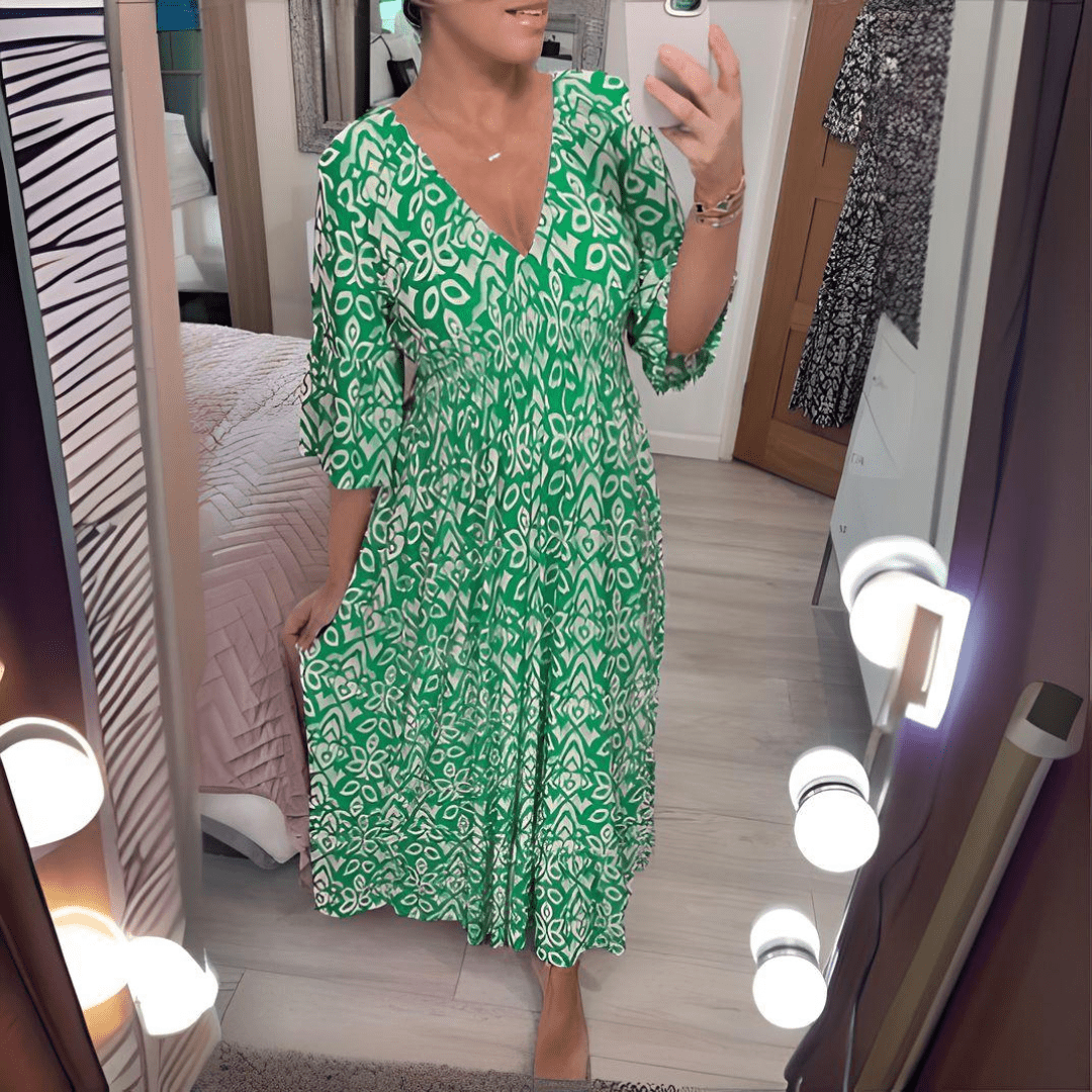 Amara – Boho Printed V-Neck Maxi Dress
