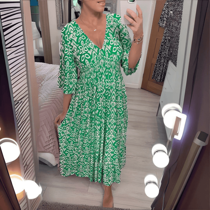 Amara – Boho Printed V-Neck Maxi Dress