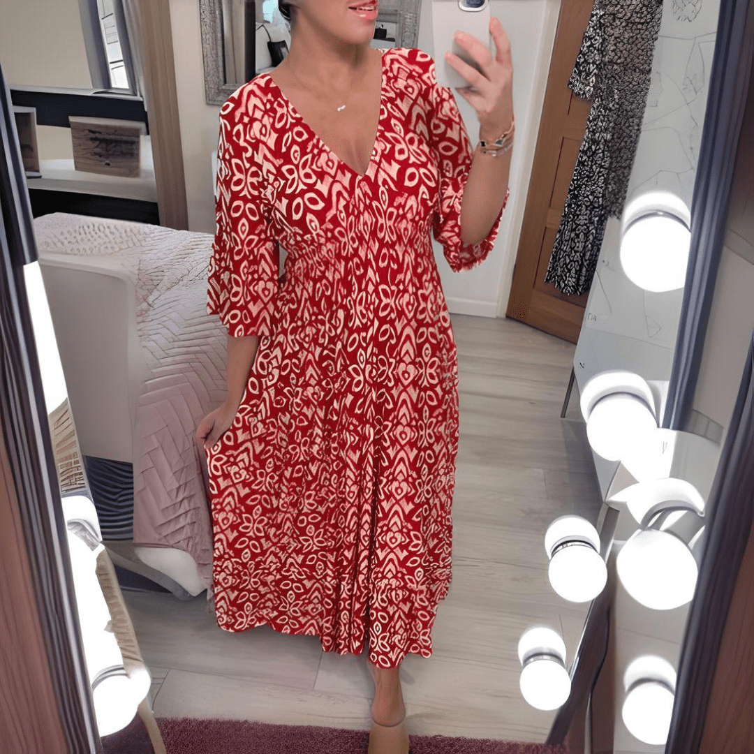 Amara – Boho Printed V-Neck Maxi Dress