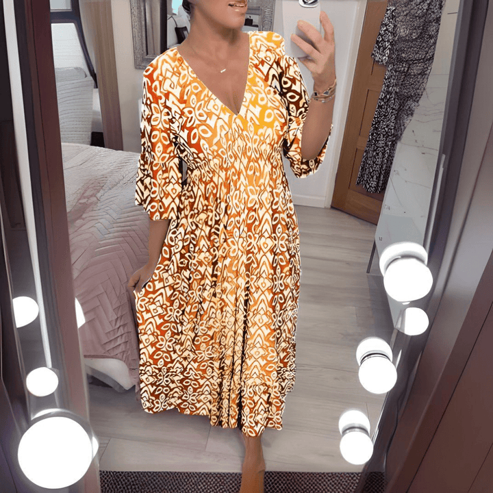 Amara – Boho Printed V-Neck Maxi Dress
