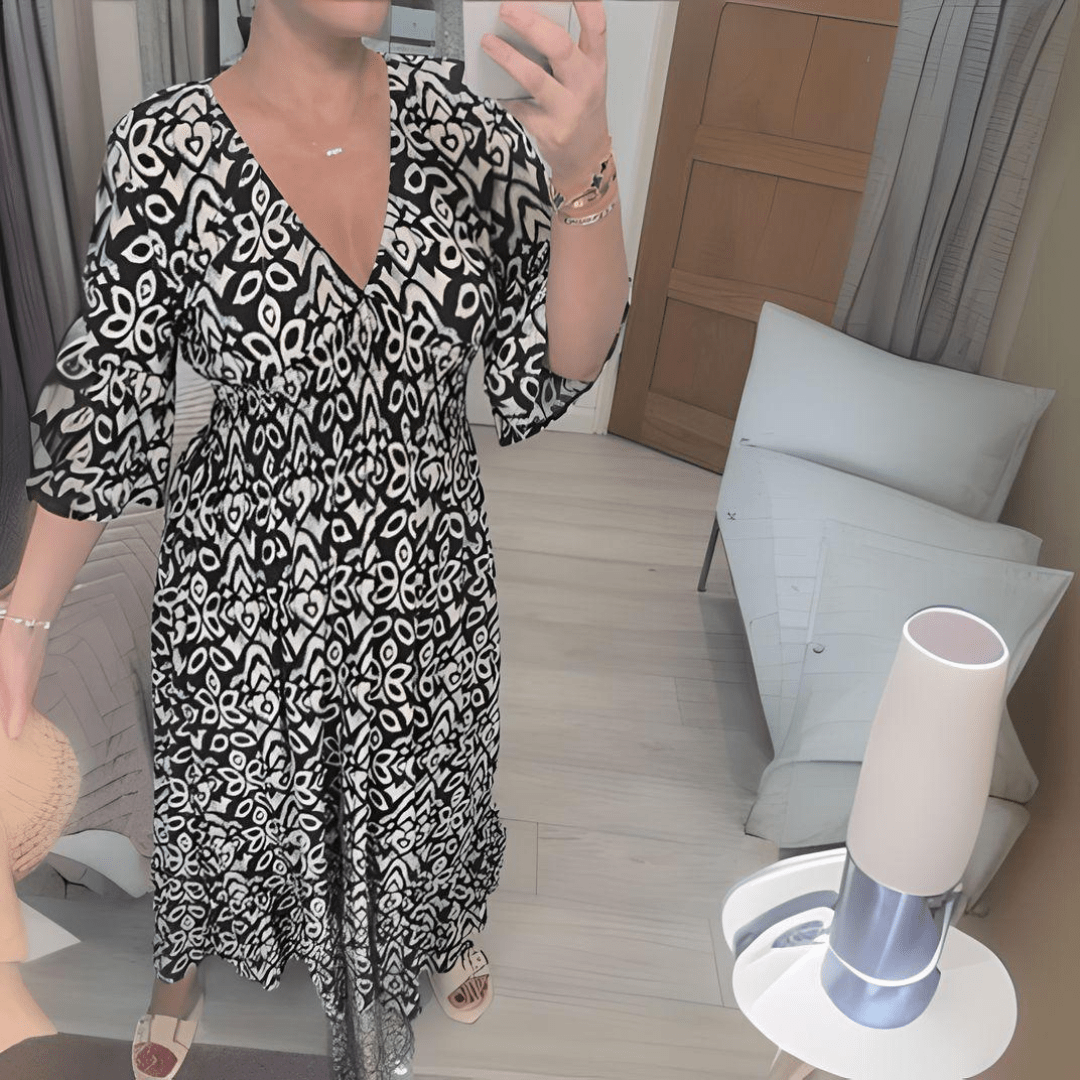 Amara – Boho Printed V-Neck Maxi Dress