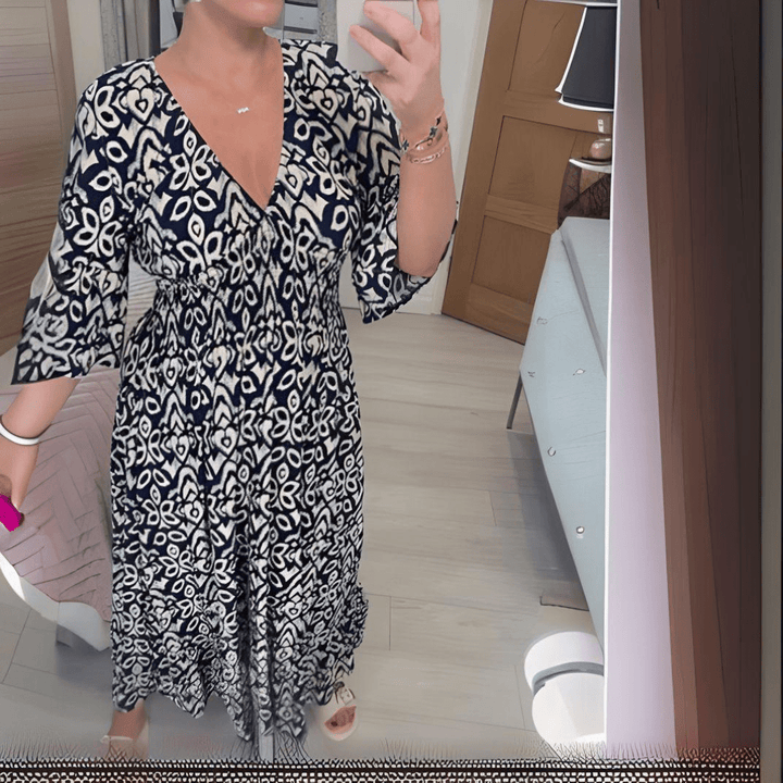 Amara – Boho Printed V-Neck Maxi Dress