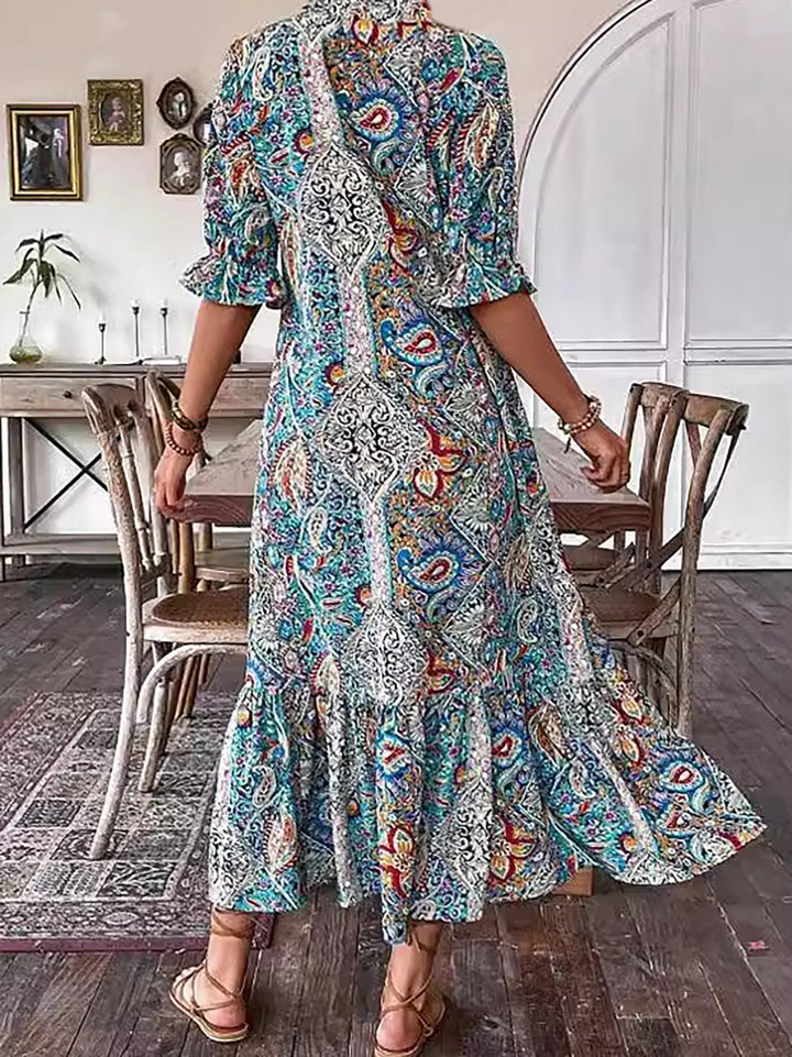 Gene – Boho Lace-Up Midi Dress with Stand Collar