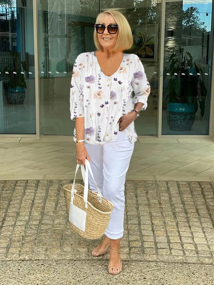 Joanne – Printed Button Tunic V-neck Top