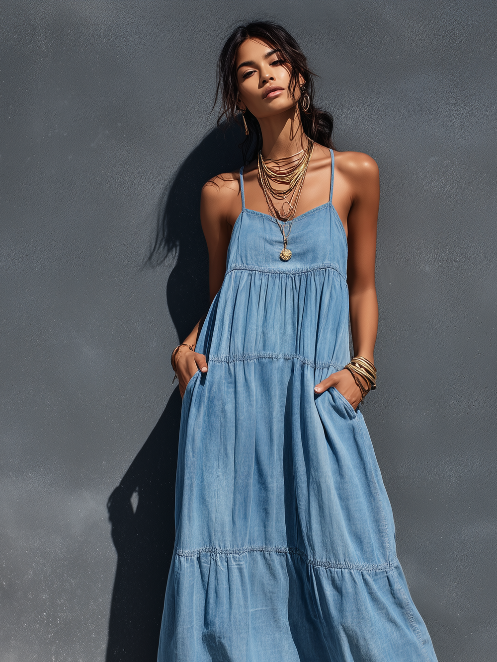 Close-up of a woman in a blue denim maxi dress with thin suspenders, accessorized with layered gold necklaces, against a gray wall.