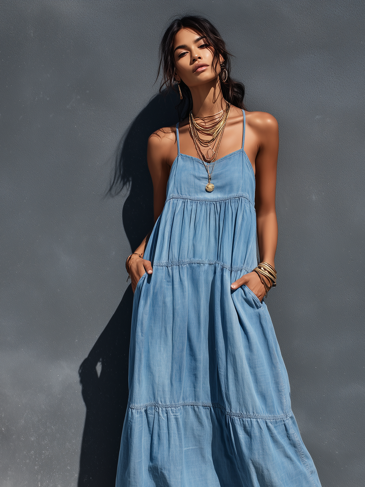 Close-up of a woman in a blue denim maxi dress with thin suspenders, accessorized with layered gold necklaces, against a gray wall.