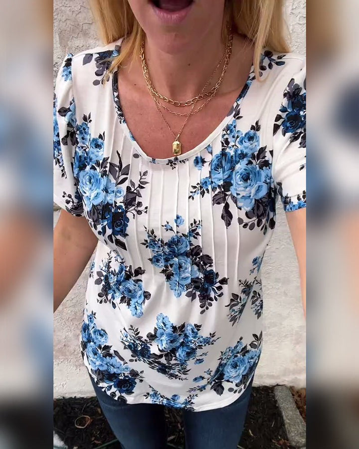 Milania – Floral Pleated Tee with Round Neckline