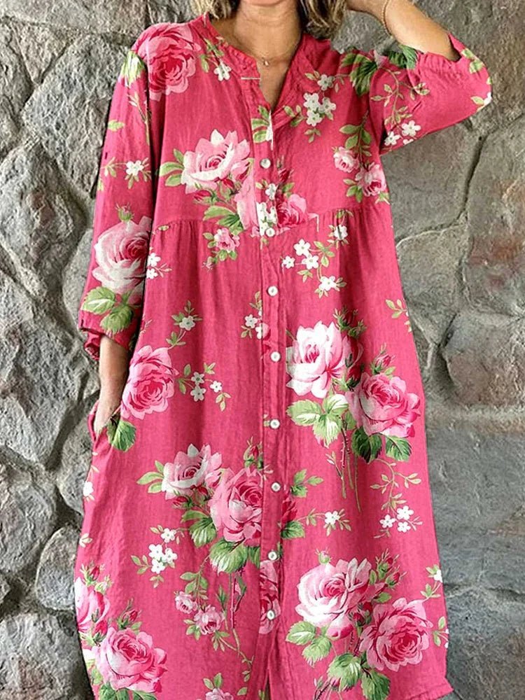 Maddie – Floral Midi Shirt Dress with V-Neck