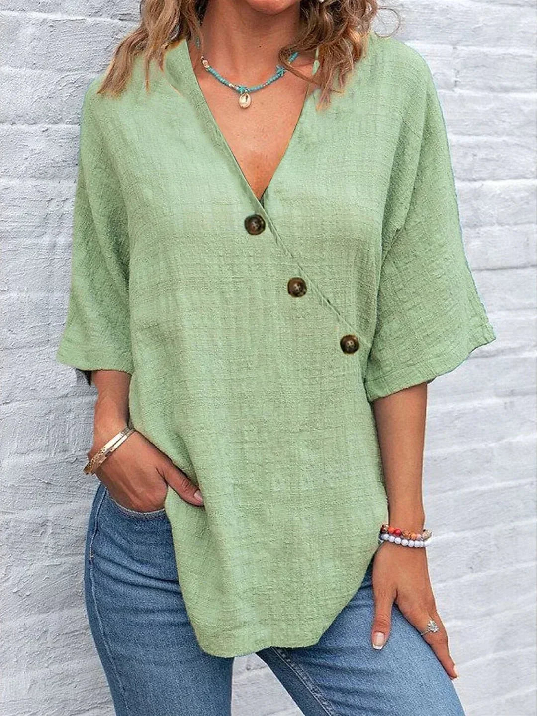 Zele – V-Neck Long Sleeve Top with Cuff Detail