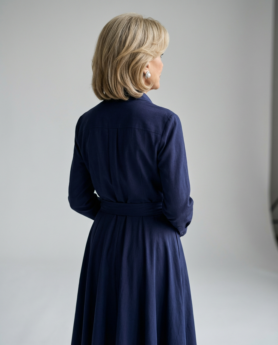 Rear view of an elegant navy loose dress with long sleeves and a belted waist, in a studio setting.