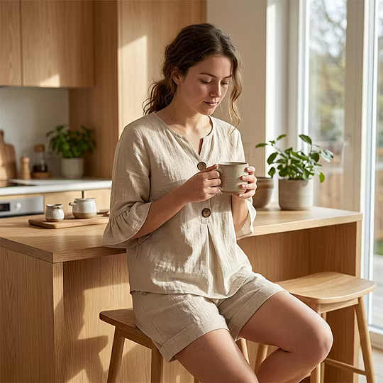 Woman in beige casual set sitting at a kitchen island, holding a drink.