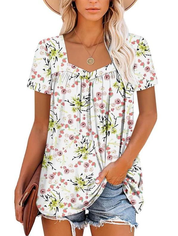 Lory – Pleated Floral Shirt with Curved Hem