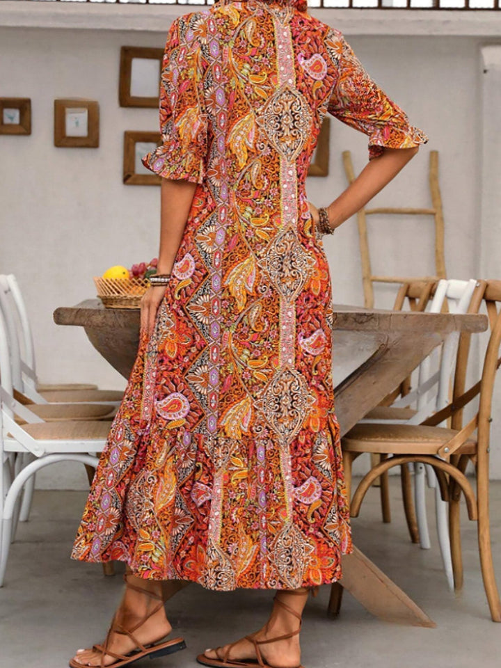 Gene – Boho Lace-Up Midi Dress with Stand Collar