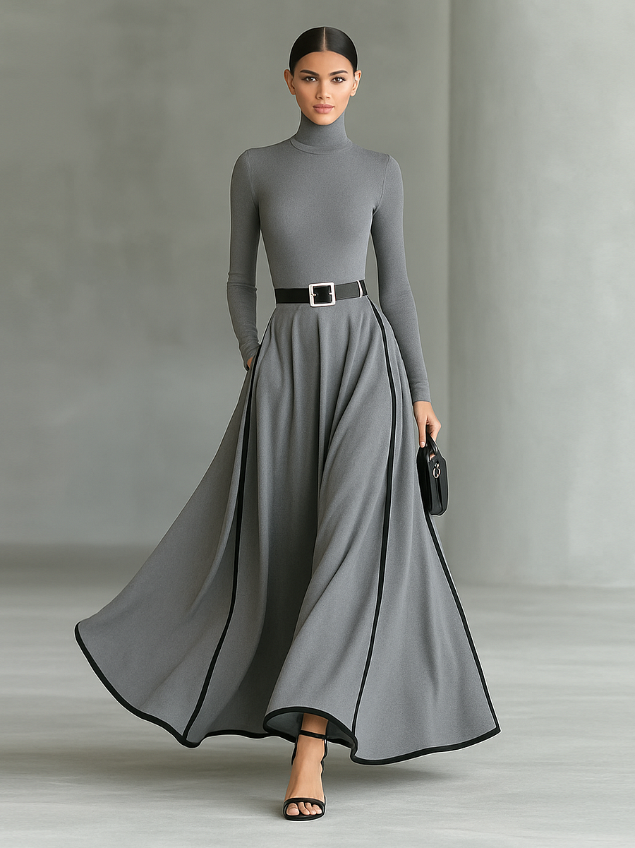 Sophisticated gray long sleeve maxi dress with black trim, black belt, flowing skirt; studio environment.