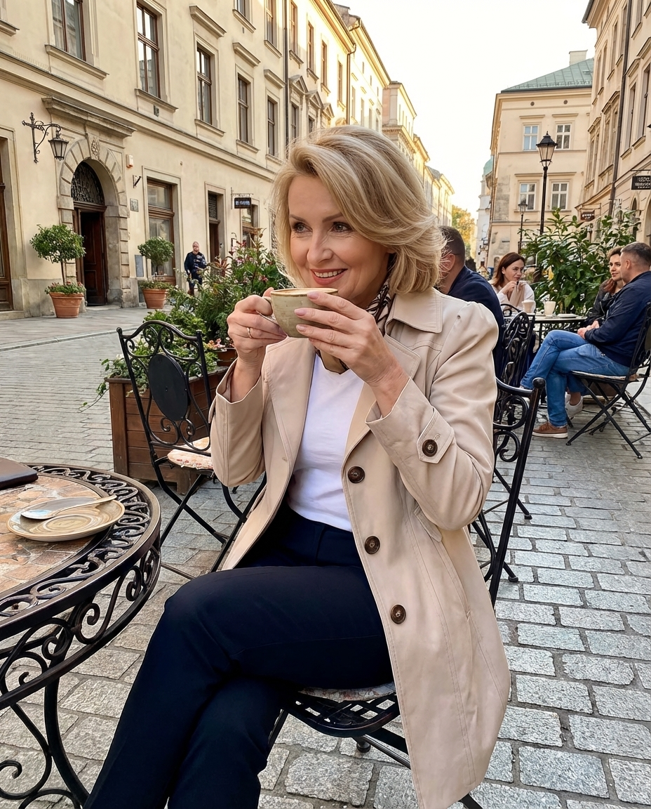 Woman in a beige coat, sitting at an outdoor café in a historic city setting.
