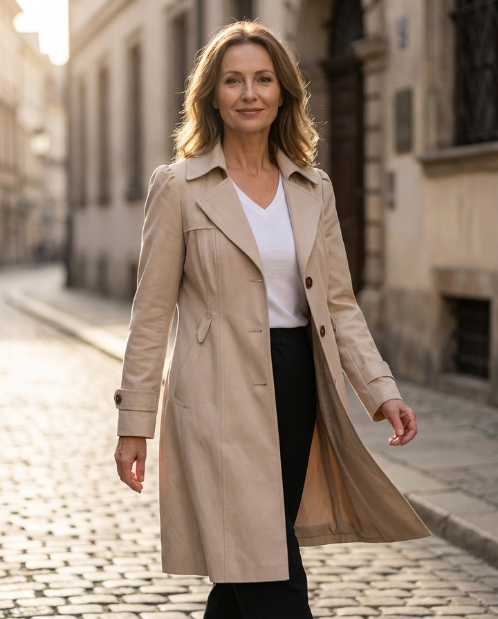 Woman in a beige coat, walking on a cobblestone street with historic buildings.