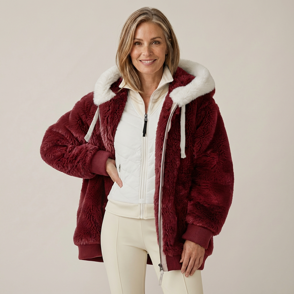 Woman wearing a plush burgundy hooded jacket with white lining, in a studio setting.