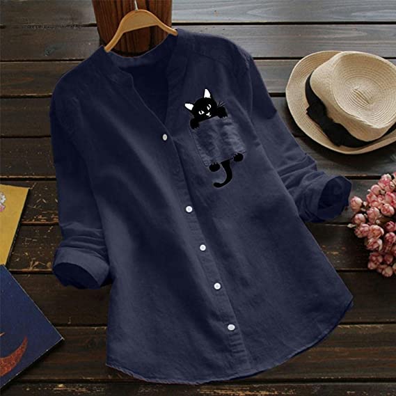 Catrina – Cat Print Blouse with V-Neck
