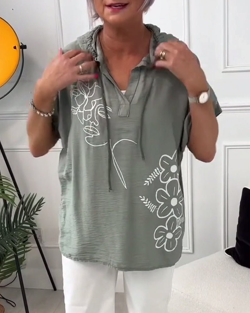 Esme – Floral Hooded Blouse with Lace-Up Neckline
