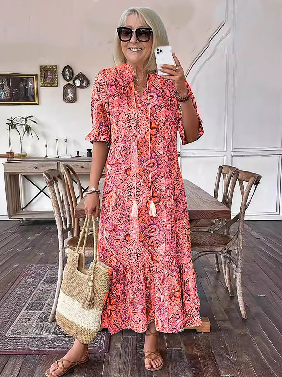Gene – Boho Lace-Up Midi Dress with Stand Collar