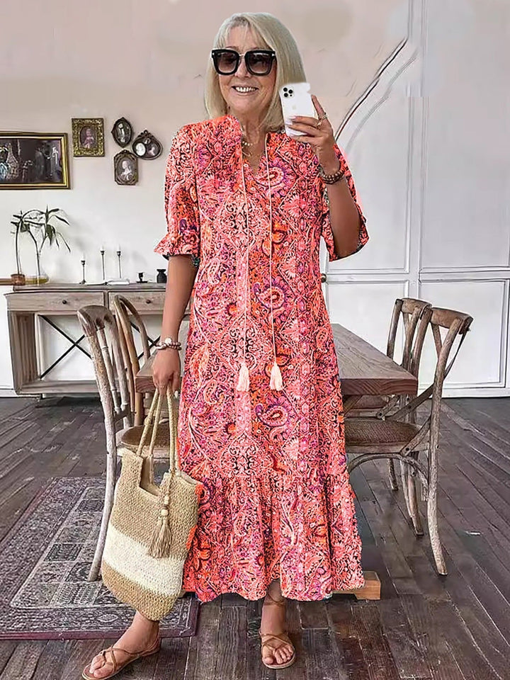Gene – Boho Lace-Up Midi Dress with Stand Collar