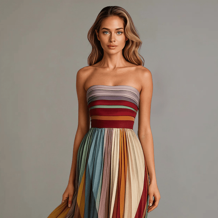 Close-up of a model in an elegant multicolored striped sleeveless dress, showcasing the bodice, in a studio setting.