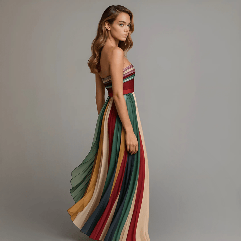 Side view of a model wearing a sleeveless dress with colorful stripes, showing the dress’s flow and fit, in a studio setting.