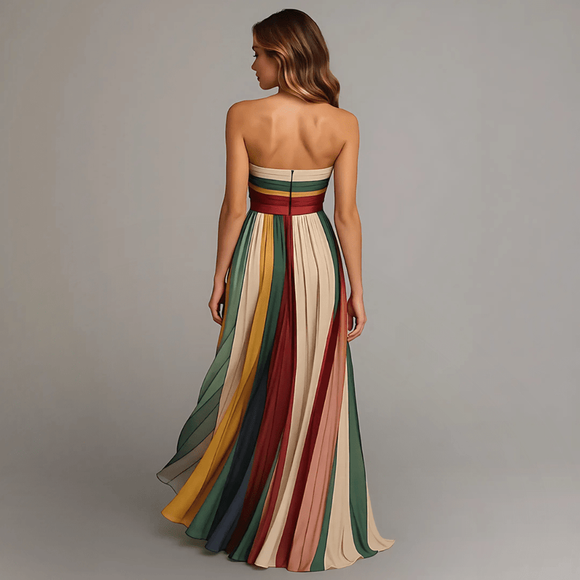Back view of an elegant sleeveless dress with multicolored vertical stripes, worn by a model, in a studio setting.