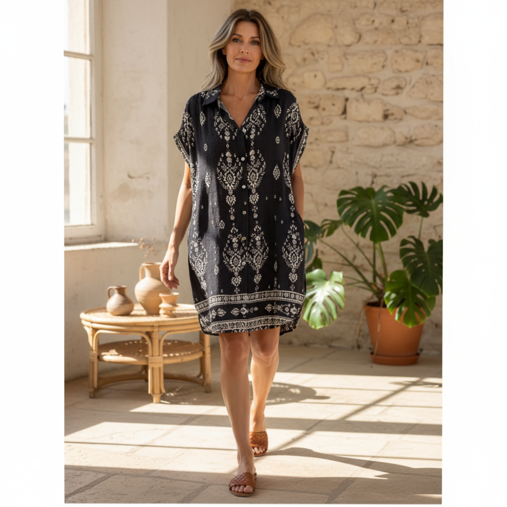 Micayla – Vintage Boho Printed Shirt Dress